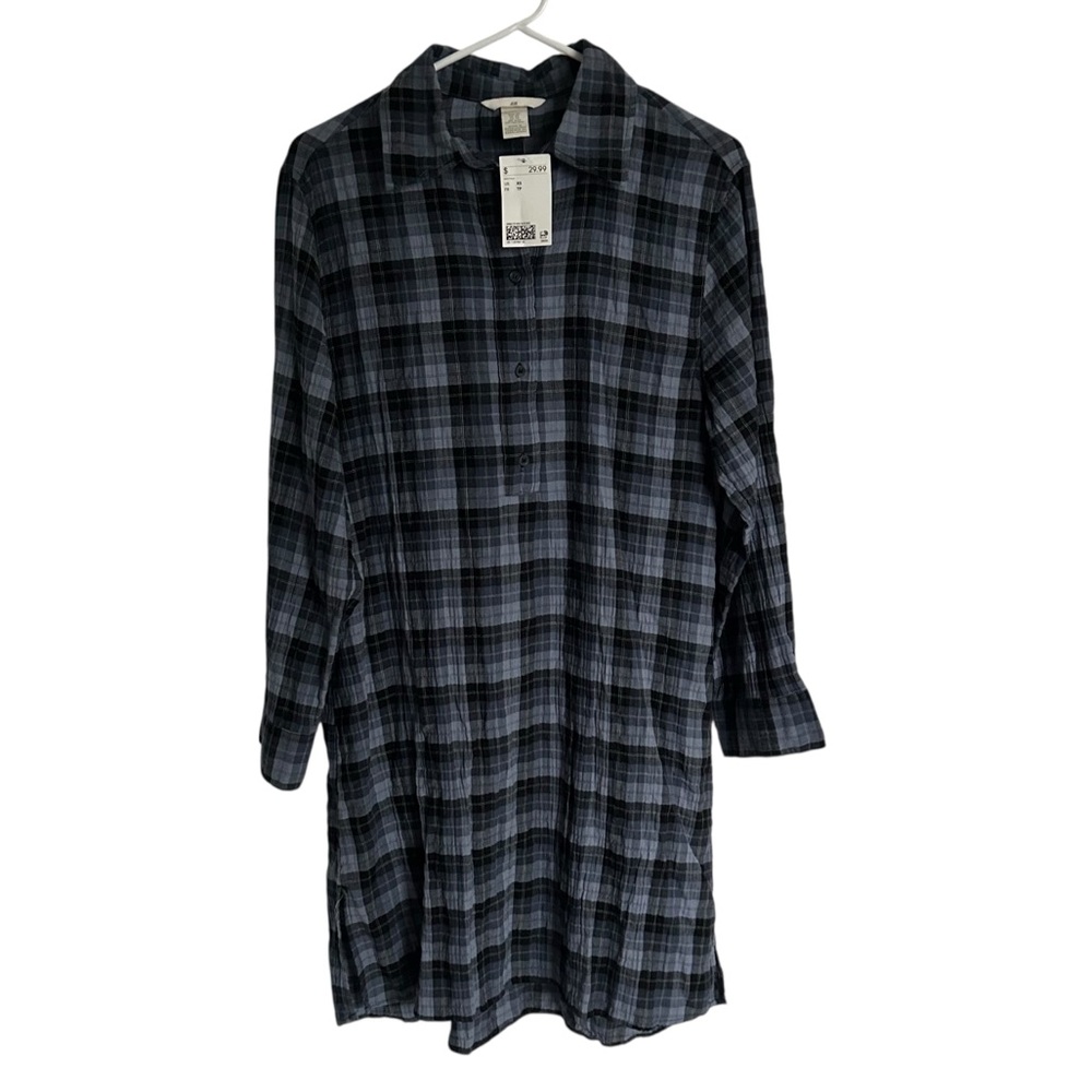 H&M Womens long sleeve shirt dress blue and black plaid. Size XS New with tags